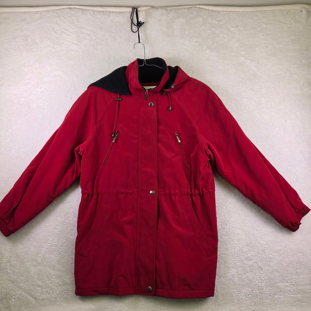 Liz Claiborne Womens Red Hooded Fleece Lined Parka Jacket Medium Cinched Waist